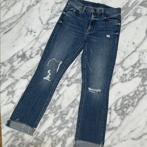 MOTHER Mid Rise Dazzler Dark Blue Distressed Ankle Fray Jeans